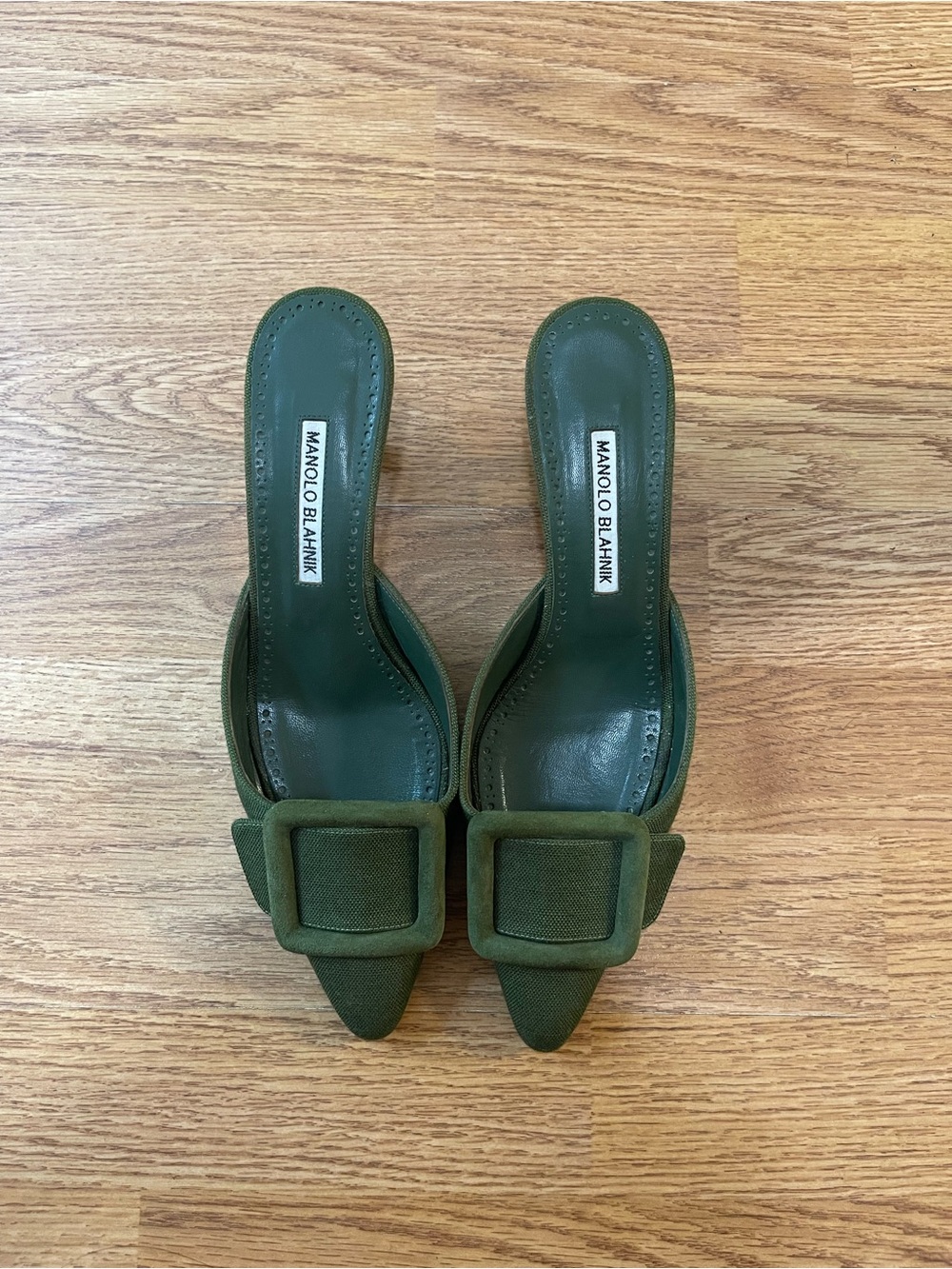 Manolo Blahnik Forest Green Square Buckle Pointed Toe Mules - Picture 6 of 6
